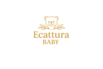 Ecattura Baby premium logo with minimalist teddy bear and botanical leaves in gold