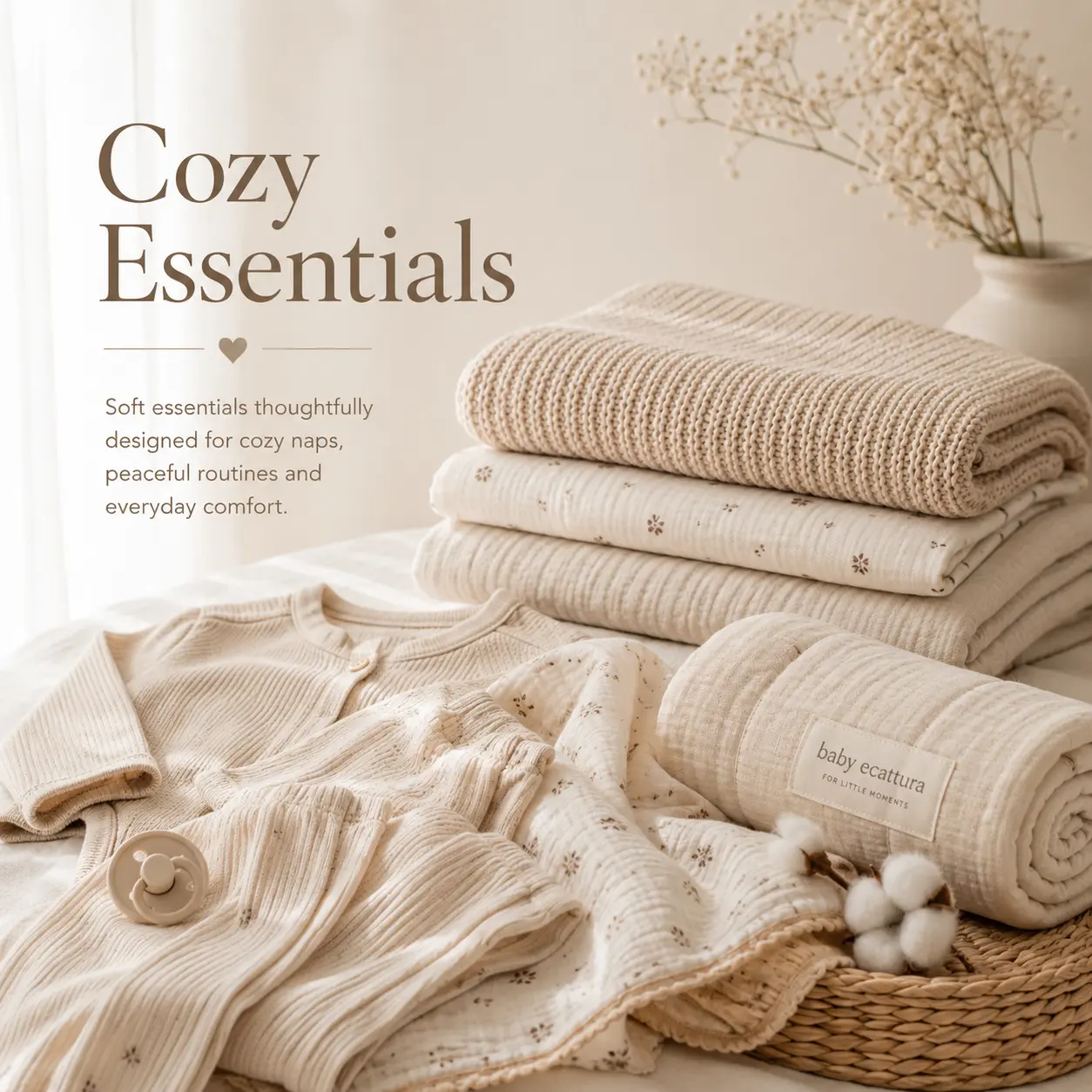 Neutral baby blankets and cozy essentials in minimalist nursery aesthetic