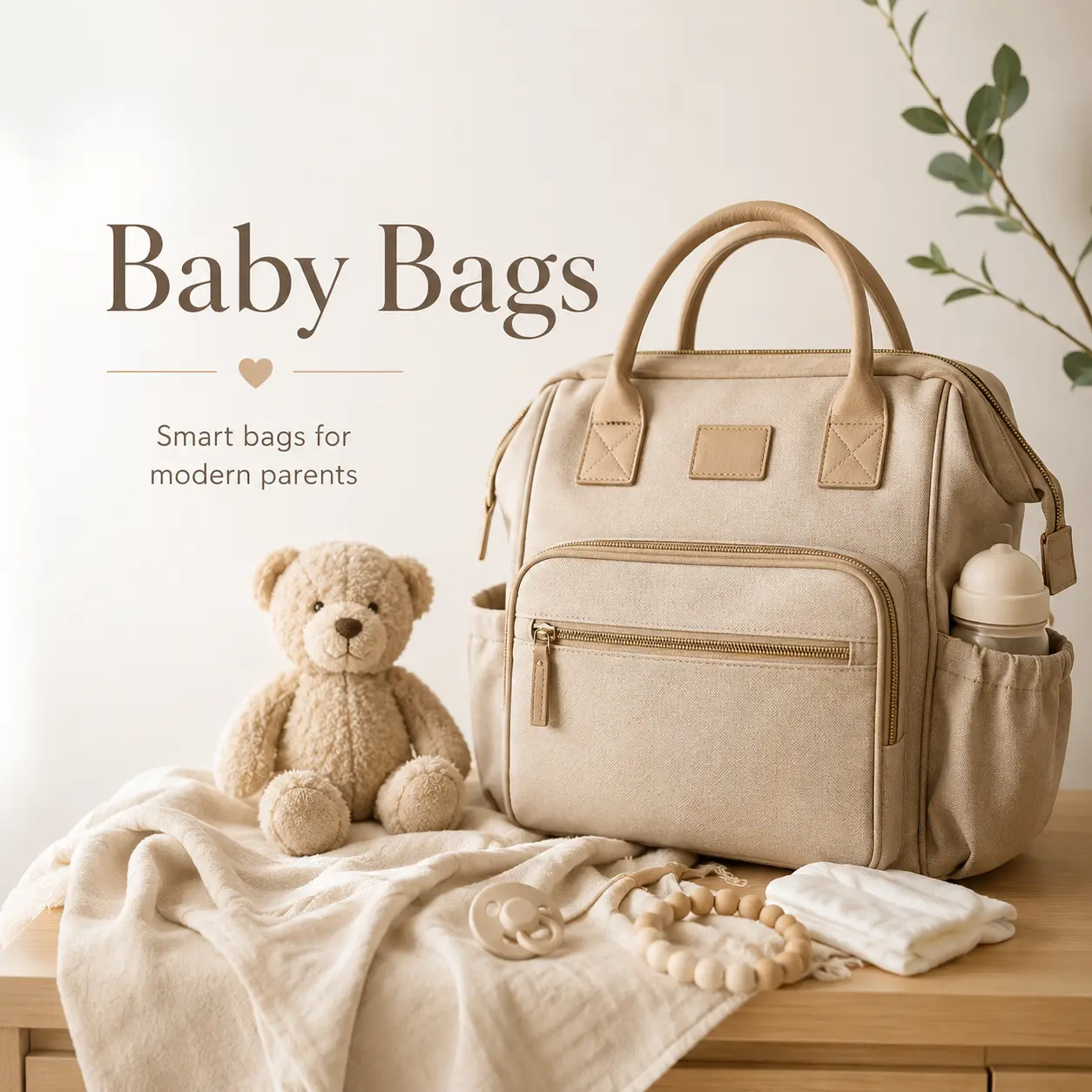 Minimalist beige baby diaper bag with neutral baby accessories and teddy bear