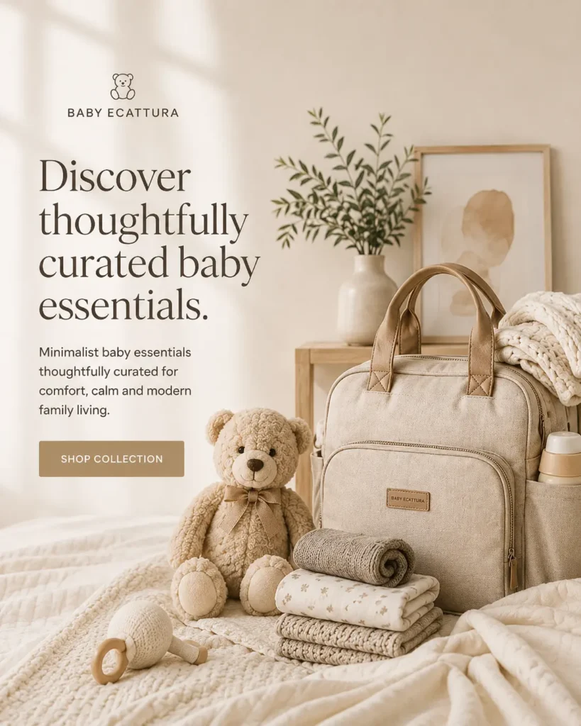 Minimalist baby essentials hero banner with teddy bear, nursery textures and modern diaper bag