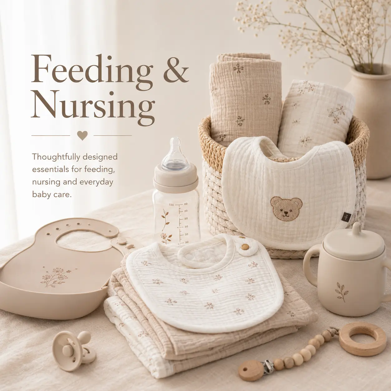 Feeding and Nursing Essentials collection featuring muslin bibs burp cloths baby bottles and feeding accessories