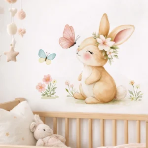 Boho Bunny Nursery Wall Decal with watercolor rabbit flowers and butterflies