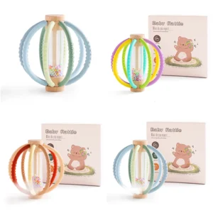 Baby Sensory Rain Rattle wooden toy with silicone teether