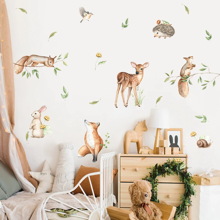 Woodland Forest Nursery Wall Decals with watercolor deer and woodland animals