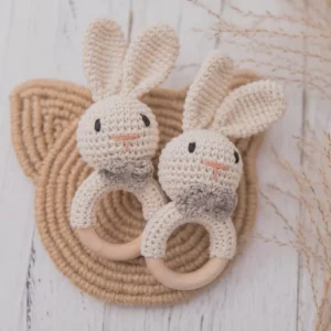Crochet Bunny Wooden Teether Rattle Montessori baby toy