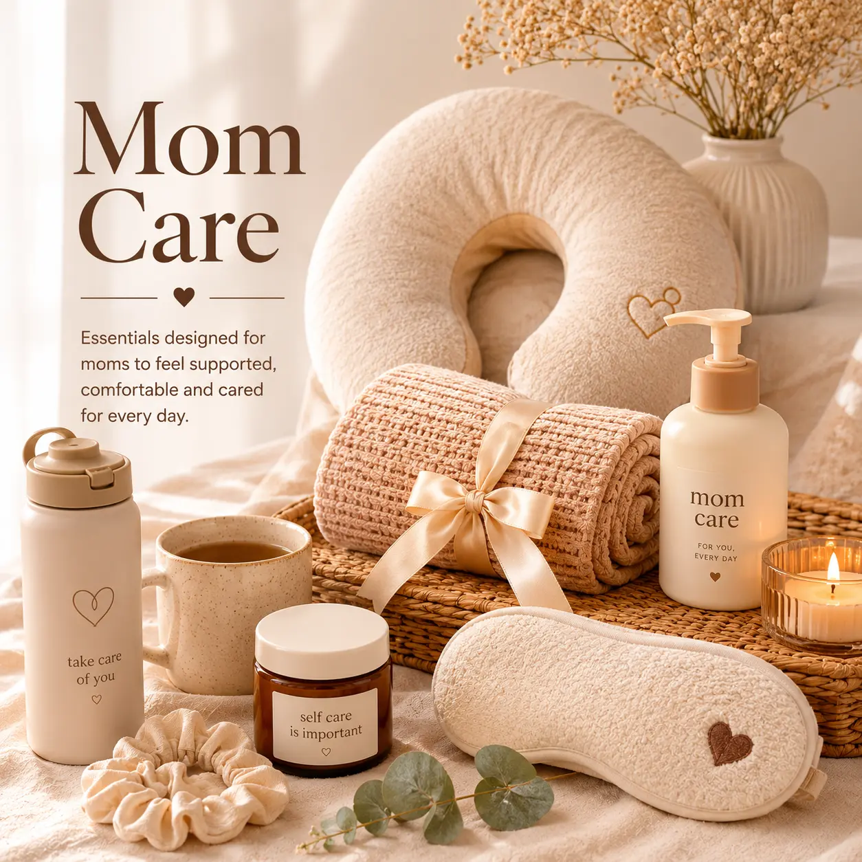 Mom Care Essentials collection featuring nursing pillow baby comfort products self care accessories and motherhood support essentials