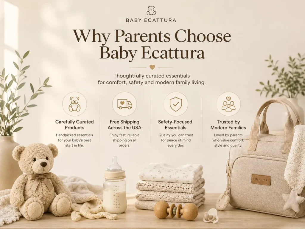Why Parents Choose Baby Ecattura premium baby essentials collection featuring diaper bag, baby bottle, teddy bear and nursery essentials